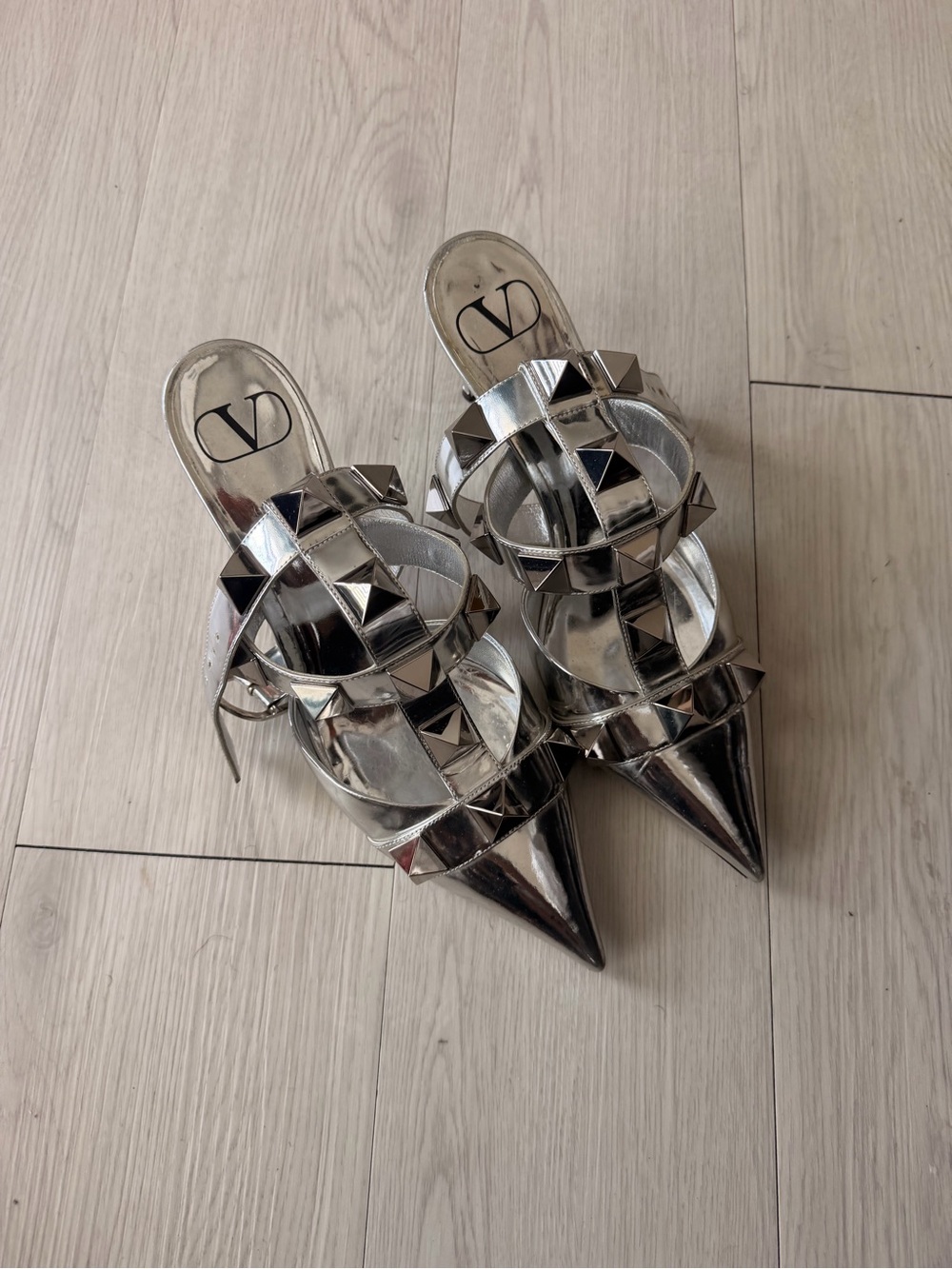 Valentino Metallic Silver Pyramid-Stud Pointed Slide Heels